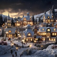 Christmas village in the snow at night. 3D rendering illustration.