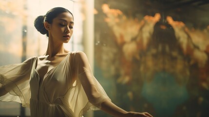 Asian ballet dancer practicing in a studio, elegant movements, dedication to the arts, mirrored...