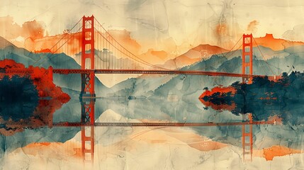 Detailed Golden Gate Bridge artwork, front view perspective.