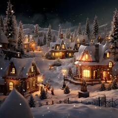 Christmas and New Year background with houses in the snow. 3d illustration