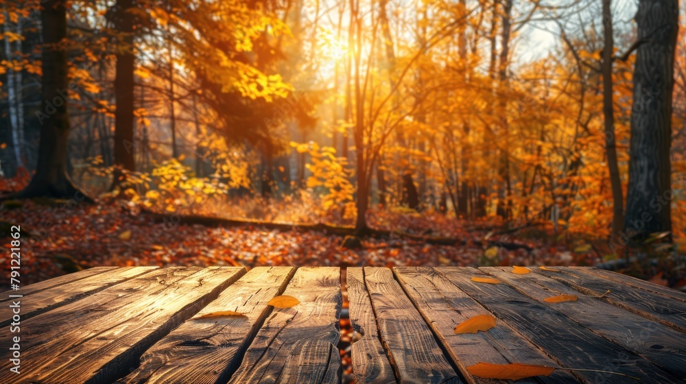 Poster empty wooden table top with autumn background. generate ai image