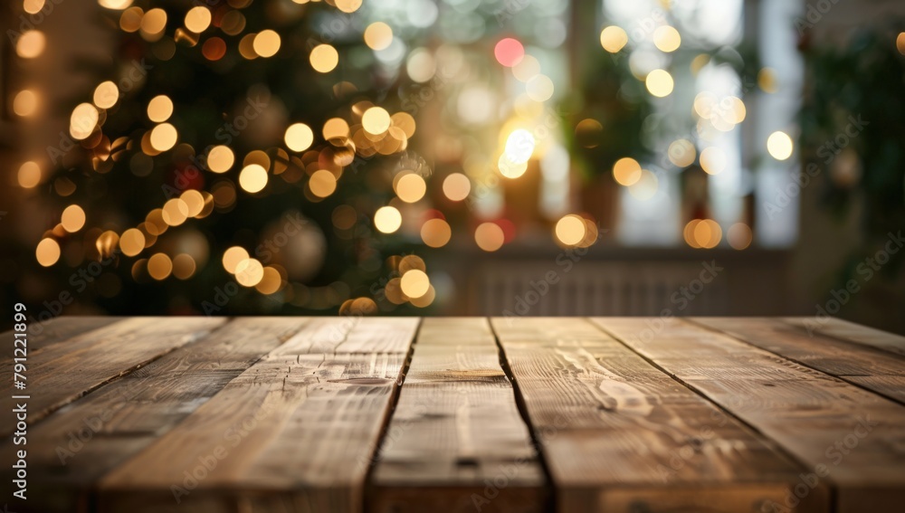 Aufkleber empty wooden table with blurred background of christmas tree. generate ai image