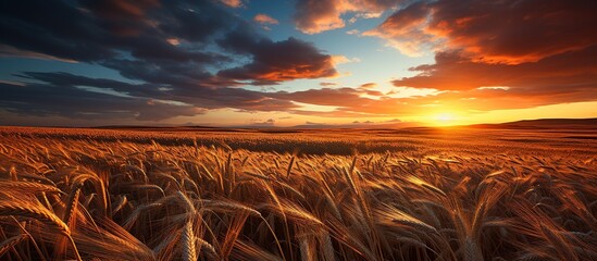Sunset over wheat field. Nature composition. Golden Wheat Field at Sunset