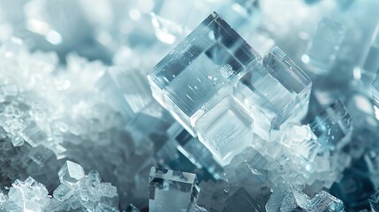 A close-up of salt crystals, showcasing their intricate geometric shapes and translucent appearance.