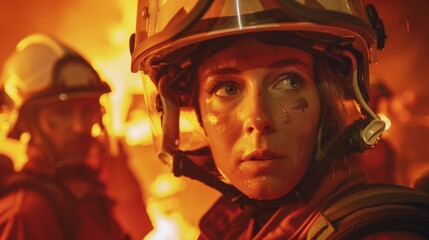 Closeup of a female firefighter bravely battling a raging blaze with her team. She has defied societal expectations and proven that women are just as capable and courageous as men . - obrazy, fototapety, plakaty