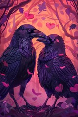 Naklejka premium create a cute illustration for a mother's day card, raven mother and child looking at each other,