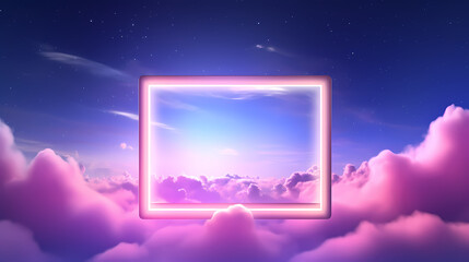 Glowing neon frame with pink and purple colors floating in the sky