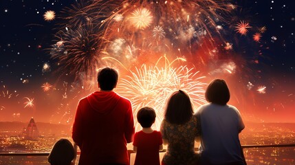 Asian family watching fireworks during a national celebration, awe and excitement, night sky illuminated
