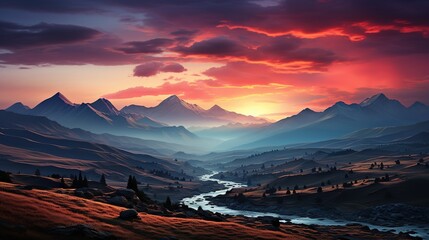 Beautiful mountain landscape with river at sunset.