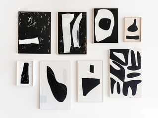 Trendy black and white wall art, on a white wall, minimalist interior design wall art, abstract spaces, created by a graphic designer, serenity.