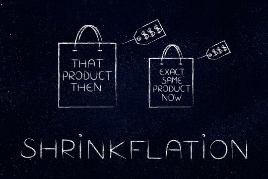 Shrinkflation design with shopping bags, products getting smaller for the same price due to Inflation and recession