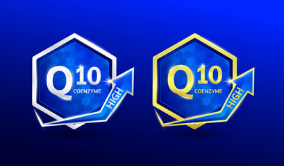 High coenzyme Q10 in hexagon shape aluminum gold and silver with shine arrow. Used for design nutrition supplement products. Minerals label symbol logo 3D on blue background. Vector EPS10.