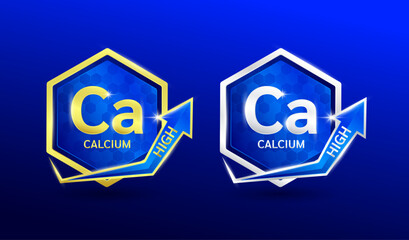 High calcium minerals in hexagon shape aluminum gold and silver with shine arrow. Used for design nutrition supplement products. Vitamins label symbol logo 3D on blue background. Vector EPS10.