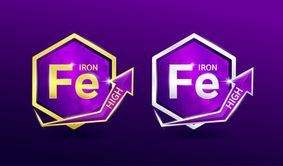 High iron minerals in hexagon shape aluminum gold and silver with shine arrow. Used for design nutrition supplement products. Vitamins label symbol logo 3D on purple background. Vector EPS10.