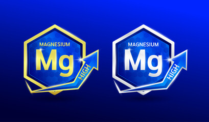 High magnesium minerals in hexagon shape aluminum gold and silver with shine arrow. Used for design nutrition supplement products. Vitamins label symbol logo 3D on blue background. Vector EPS10.