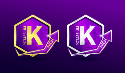 High potassium minerals in hexagon shape aluminum gold and silver with shine arrow. Used for design nutrition supplement products. Vitamins label symbol logo 3D on purple background. Vector EPS10.