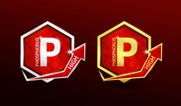 High phosphorus minerals in hexagon shape aluminum gold and silver with shine arrow. Used for design nutrition supplement products. Vitamins label symbol logo 3D on red background. Vector EPS10.