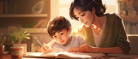 Asian mother helping her son with homework, educational support at home, family interaction