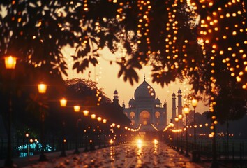 Evening panoramic view of Taj Mahal at sunset. Happy Independence Day of India. Ramadan, Ugadi, Eid al-Fitr or Eid al-Adha. Diwali, Pongal, Gudi Padwa. Banner, poster, greeting card.