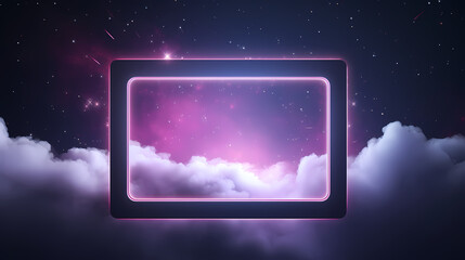 Obraz premium Glowing neon frame with pink and purple colors floating in the sky