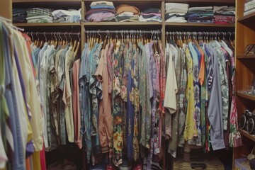 Stylish home wardrobe fashion aesthetic beauty thrifted clothing vintage modern luxury clothes garments room in apartment design lifestyle rack to choose dress hanging shirt pants jeans