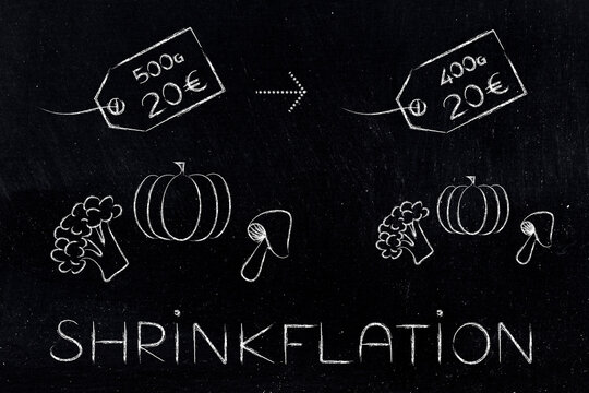 Shrinkflation design with groceries in grams and euros, products getting smaller for the same price due to Inflation and recession