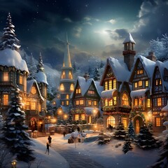 Beautiful Christmas and New Year night in the village. Panoramic view of a winter village.