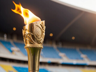 Olympics gold torch flame. Olympic Torch concept. Olympic torch with Stadium scene as background. 