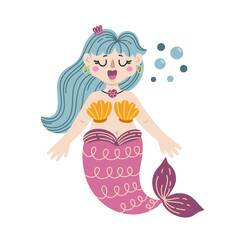 Little mermaid vector illustration. Cute swimming girl with a fish tail, a swimsuit made of sea shells. A funny ocean fairy sings a song. Hand drawn doodle, siren with bubbles. Cartoon clipart