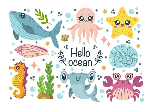 Sea animals vector set. Ocean life - blue whale, seahorse, baby shark, funny starfish, octopus, cute crab. Underwater creatures among algae, shells, bubbles. Hand drawn marine doodle, cartoon clipart