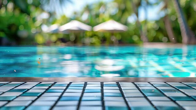 empty white ceramic mosaic table top and blurred swimming pool. seamless looping overlay 4k virtual video animation background