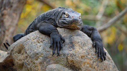 Monitor lizard basking on a rock to keep warm