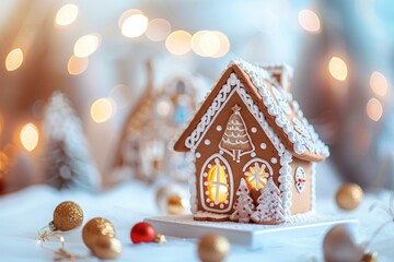 Christmas gingerbread house on white table. Generate AI image - obrazy, fototapety, plakaty