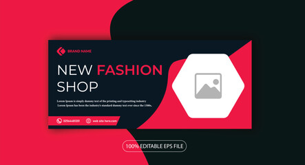 New fashion shop facebook cover page timeline web ad banner template with photo place modern layout dark red pink background and text design template