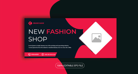 New fashion shop facebook cover page timeline web ad banner template with photo place modern layout dark red pink background and text design template