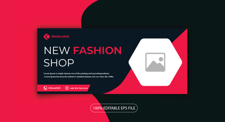 New fashion shop facebook cover page timeline web ad banner template with photo place modern layout dark red pink background and text design template