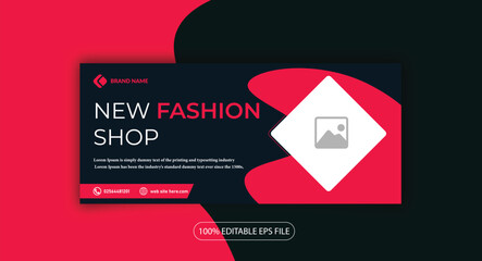 New fashion shop facebook cover page timeline web ad banner template with photo place modern layout dark red pink background and text design template