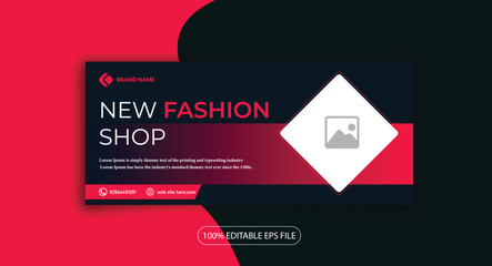 New fashion shop facebook cover page timeline web ad banner template with photo place modern layout dark red pink background and text design template