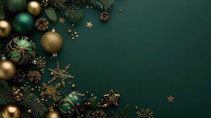Golden and green Christmas background. Generate AI image