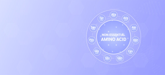 Non Essential Amino Acid. Biomolecules that combine to form proteins. Nutrients necessary for health muscle. Banner purple with empty space for text. For ads supplements. Medical science. Vector.