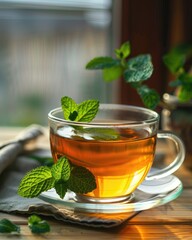 Transparent glass cup filled with soothing mint tea, accompanied by vibrant fresh mint leaves.