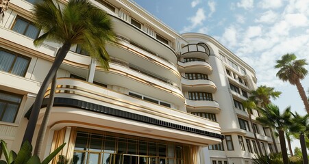 Elegant Art Deco hotel exterior with curved architecture and gold accents