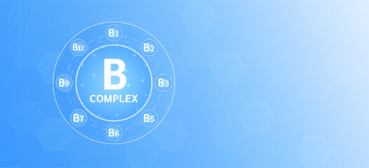 Vitamin B complex or Multivitamin nutrients necessary for health. Background banner blue with empty space for text. Used for ads dietary supplements and pharmacy. Medical science. Vector design.