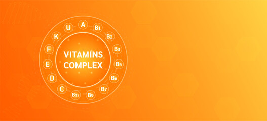 Vitamins complex or Multivitamin nutrients necessary for health. Background banner orange with empty space for text. Used for ads dietary supplements and pharmacy. Medical science. Vector design.