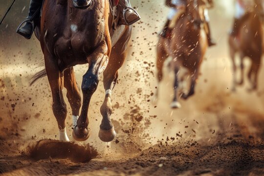 Jockeys racing on horses in the race closeup of horse. Generate AI image