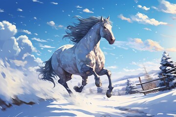 Obraz na płótnie Canvas cartoon illustration, a horse is running in the snow