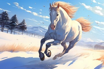 cartoon illustration, a horse is running in the snow - obrazy, fototapety, plakaty