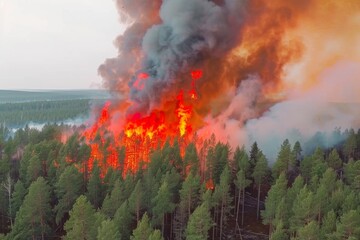 Fototapeta premium Wildforest fire burning forest trees eecological disaster smoke aerial view from helicopter danger death animals damage hazard blaze pollution tragedy