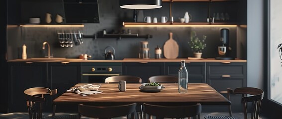 Modern black kitchen interior with wooden furniture. Generate AI image
