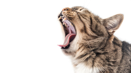 Close-up of a yawning cat, showing teeth and tongue, isolated on a white background. - obrazy, fototapety, plakaty